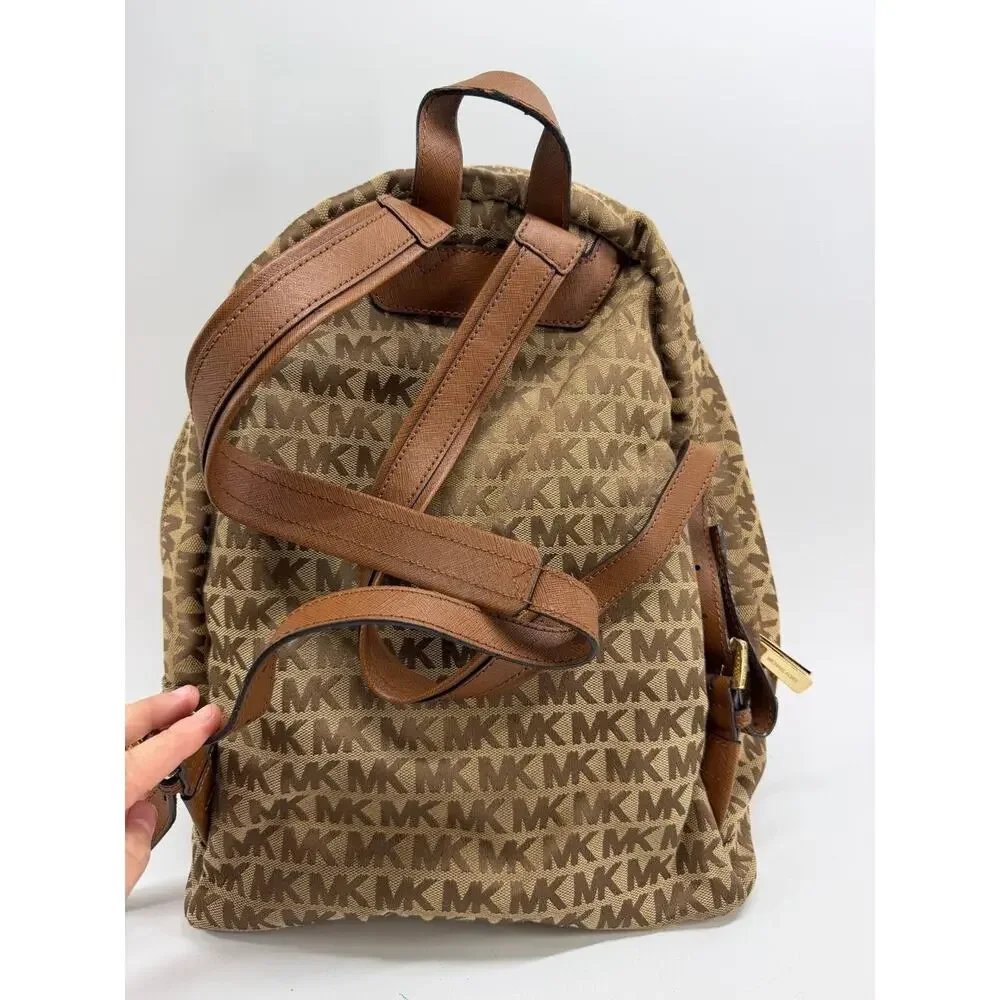 Michael Kors MK Logo Backpack Brown Tan Canvas Leather Trim Small Backpack